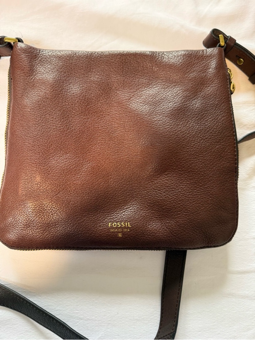 Fossil Dark Brown Pebbled Leather Messenger Bag with Gold Hardware